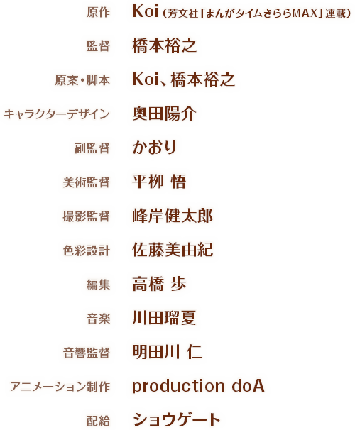 監督：橋本裕之、原案・脚本：Koi、橋本裕之、キャラクターデザイン：奥田陽介、音楽：川田瑠夏、アニメーション制作：production doA